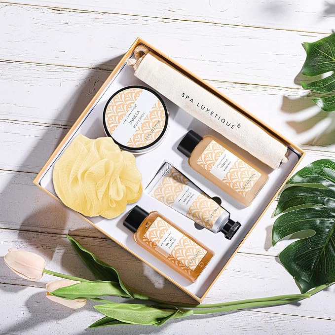 Spa Luxetique Spa Gifts for Women 6pc Vanilla Bath Sets Women Gift With Body Lotion, Shower Gel, Bubble Bath, Hand Cream, Bath and Body Gifts Set, Mothers Day Gifts