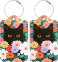 Luggage Tags for Suitcases, 2 Pack Cute PU Leather Luggage Tag TSA Approved with Stainless Steel Loop and Address Card Baggage Tag for Travel&Cruise Ships&Shipping Black Cat Floral, by Chelmon