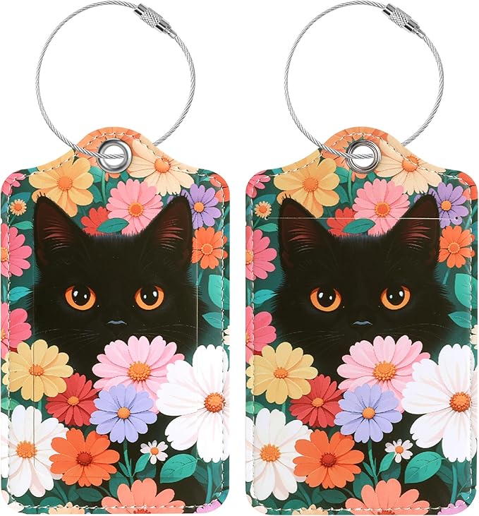Luggage Tags for Suitcases, 2 Pack Cute PU Leather Luggage Tag TSA Approved with Stainless Steel Loop and Address Card Baggage Tag for Travel&Cruise Ships&Shipping Black Cat Floral, by Chelmon