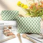 SOIDRAM 2 Pcs Checkered Makeup Bag Large Cosmetic Bag Toiletry Bag Makeup Pouch Travel Bag Organizer Cute Makeup Brushes Aesthetic Accessories Storage Bag for Women Green