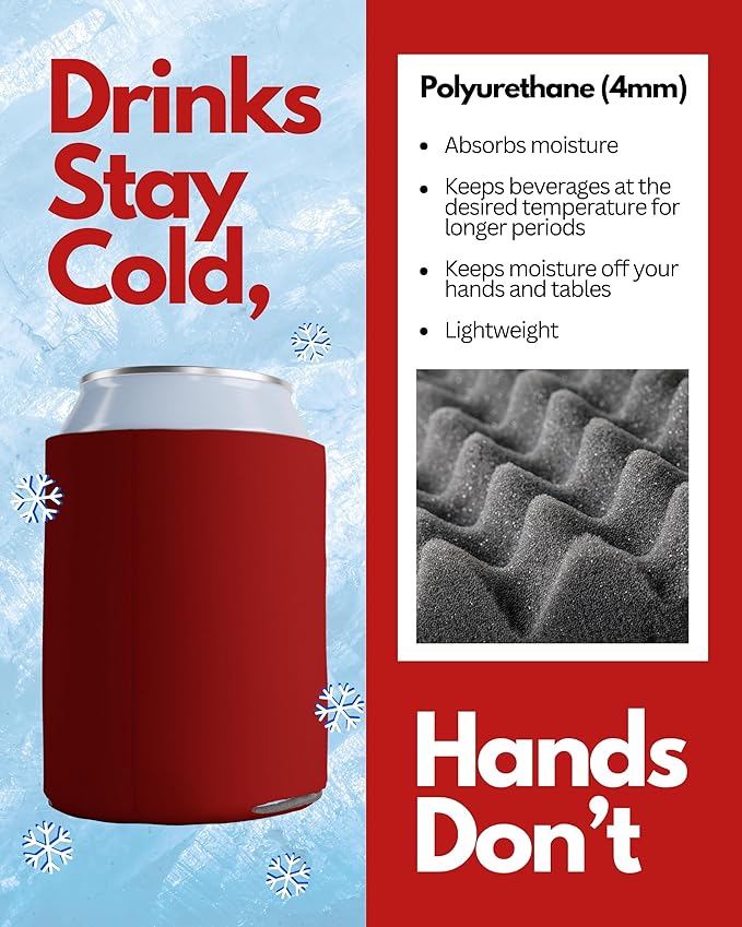 PartyPrints 1000 Pack Red Blank Can Cooler Sleeves, Customizable Bulk Can Coolers, Extra-Thick Collapsible Drink Insulator Sleeve, Beer Can Coolers for Party Beverages