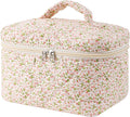 uekeboag Large Travel Quilted Makeup Bag for Women, Floral Cotton Cosmetic Bag, Coquette Aesthetic Floral Toiletry Organizer Bag