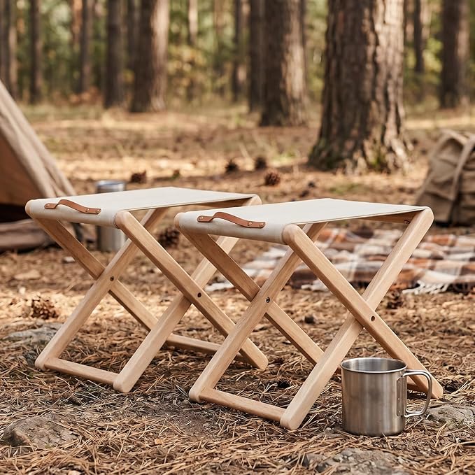 Folding Camping Stools Set of 4, Canvas Folding Stool with Wood Legs Portable Camp Stool Chairs for Outdoor Fishing Picnic Travel BBQ, Beige