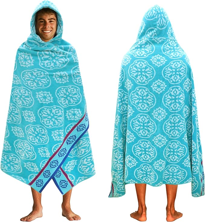 COTTON CRAFT Hooded Beach Towel – Oversized 39 x 68 Towel with Hood for Adults - 100% Cotton Velour Terry Jacquard Towel - Pool Bath Wrap - 450 GSM Soft Absorbent Quick Dry – Summer Trellis Pool Blue