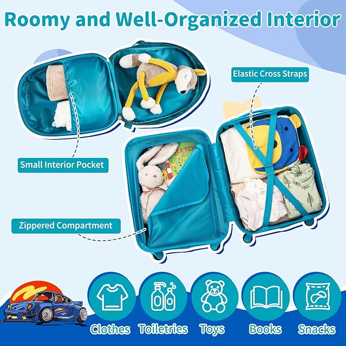Goplus 2 PCS Kids Luggage, 13" & 16" Carry-on Suitcase w/Spinner Wheels, Telescopic Handle, Hard Shell Rolling Trolley Luggage for Toddler Boys Girls Travel, Airline Approved (Blue, Racing Car)
