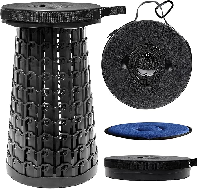 ALEVMOOM 2025 XXL 19.7" Collapsible Stool with Cushion, Capacity 1000lbs Portable Stools for Adults Heavy Duty, Adjustable Height Telescoping Folding Stool, for Outdoor Camping Travel Hiking Fishing