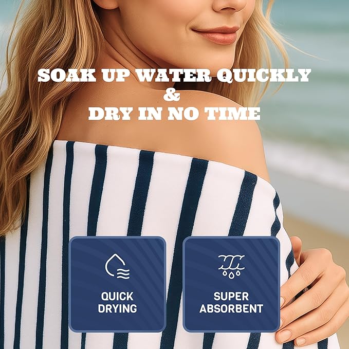 White Classic Cotton Pool Towels Oversized 30 x 60 Inches, Ultra Absorbent and Low Lint Striped Beach Towels for Adults, Stripes Design Luxury Extra Large Bath Towels, Navy Blue, 4 Pack