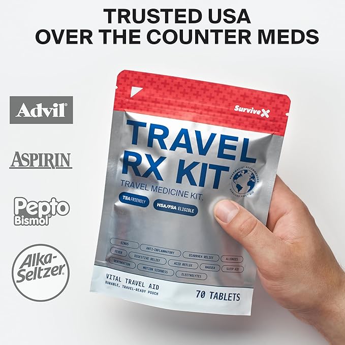 SurviveX Travel Medicine Kit - Compact TSA-Approved Medication Pack for Travel, Camping, Cruises - Includes Over-the-Counter Individual Medicine Packets