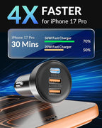 3-Port 70W Fast Car Charger for iPhone 14 13 12 11 Pro Max SE XR XS X 8 7 6 Plus, iPad, 2 Pack USB C Car Charger Adapter Cigarette Lighter with Coiled USB iPhone Carplay Cable &Lightning Charging Cord