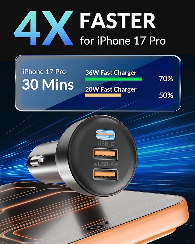 3-Port 70W Fast Car Charger for iPhone 14 13 12 11 Pro Max SE XR XS X 8 7 6 Plus, iPad, 2 Pack USB C Car Charger Adapter Cigarette Lighter with Coiled USB iPhone Carplay Cable &Lightning Charging Cord