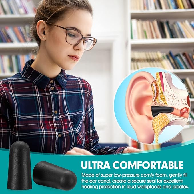 200 Pairs Black Foam Ear Plugs - 33dB NRR Noise Cancelling, Durable & Comfortable, Individually Wrapped for Work, Construction, Shooting, Travel, Loud Events