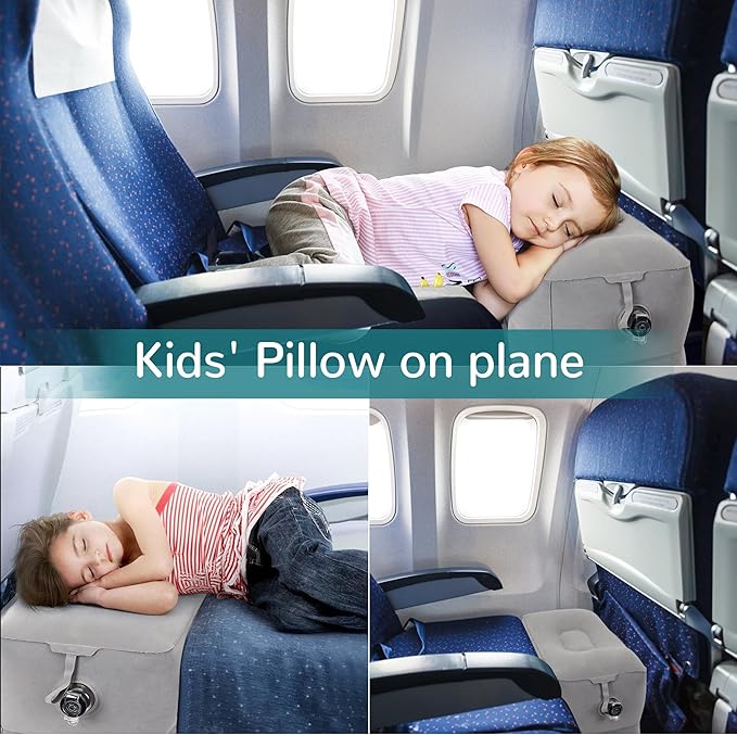 Inflatable Travel Foot Rest Pillow, Adjustable 3 Layers Height Leg Rest Pillow, Kids Airplane Bed, Adults Travel Essentials on Plane, Trains, Cars, Office, Home (Grey, 2 PC)