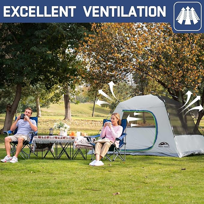 Happy Travel Camping Tent, 4 Person Dome Tents for Camping with Rainfly, Waterproof Clip Easy Setup Portable Family Tent with Mesh Windows, 20% More Headroom Backpacking Tents for Camping & Hiking