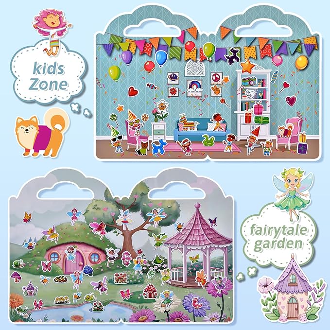 6 Set (260pcs) Puffy Sticker Books Activity for Girls, Reusable Stickers Book, Fairytale+Garden+Princess Party+Mermaid+Kids Zone+Girls' Shop, Travel Book for Kids Ages 3+