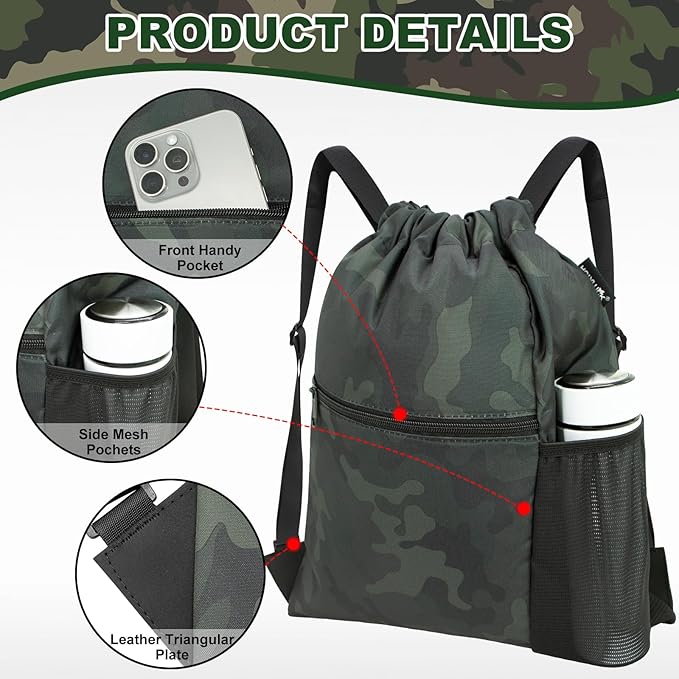 HOLYLUCK Men & Women Outdoor Sport Gym Sack Waterproof Drawstring Backpack Bag (Standard with width webbing, Black Camo-1)