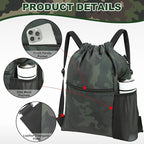 HOLYLUCK Men & Women Outdoor Sport Gym Sack Waterproof Drawstring Backpack Bag (Standard with width webbing, Black Camo-1)