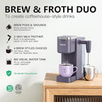 Tastyle Single Serve Coffee Maker with Built-in Detachable Milk Frother, Iced and Hot Coffee Machine for K Cup & Grounds, 40oz Removable Water Reservoir, 6 Cup Sizes, Fits 7.3" Travel Mug, Purple