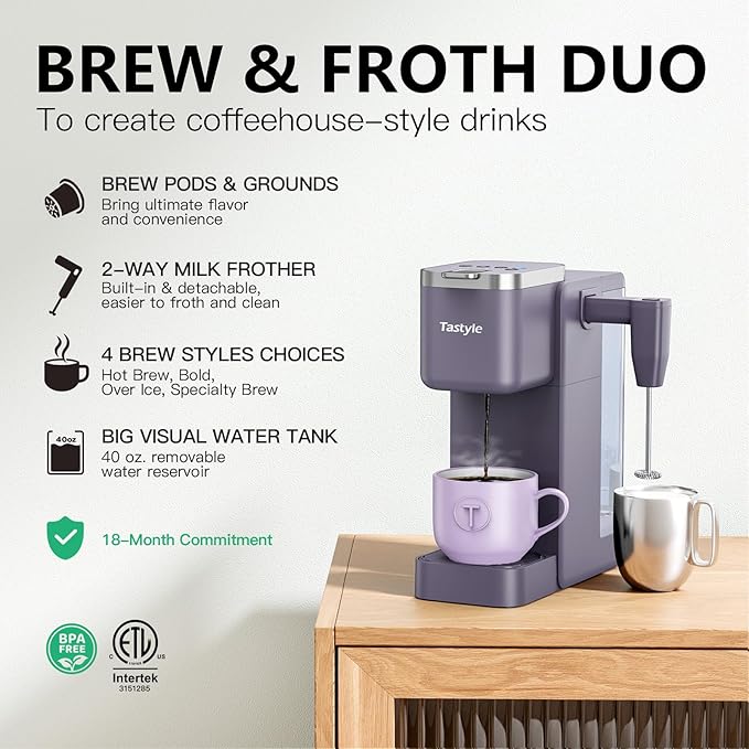 Tastyle Single Serve Coffee Maker with Built-in Detachable Milk Frother, Iced and Hot Coffee Machine for K Cup & Grounds, 40oz Removable Water Reservoir, 6 Cup Sizes, Fits 7.3" Travel Mug, Purple