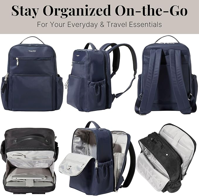 Baggallini Tribeca Expandable Laptop Backpack - 15"x11" Lightweight RFID Computer Bag for Work & Travel with Luggage Sleeve