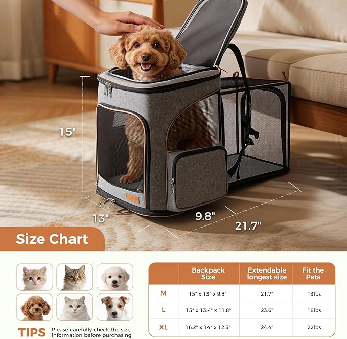 Lekereise Cat Backpack Expandable Pet Carrier Backpack for Small Cats and Dogs, Airline-Approved Foldable Dog Carrier Backpack with Inner Safety Leash, Grey
