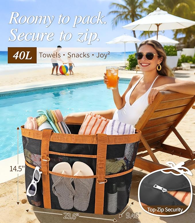 2026 Stylish & Spacious XX-Large Beach Bag for Women – Mesh × Canvas Tote with Top Zipper, 11 Tall Pockets | 40L+ Spacious, 11 Tall Pockets, Zipper Pouch, Secure Zip-Top, Sand-Resistant Base