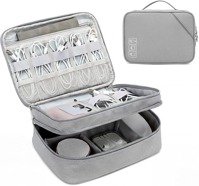 Lanola Travel Cable Organizer Bag, Electronic Accessories Case Portable Double Layer Cable Storage Bag for Cord,phone,Charger, Flash Drive,SD Card,Phone,Power Bank,Personal Items - Grey