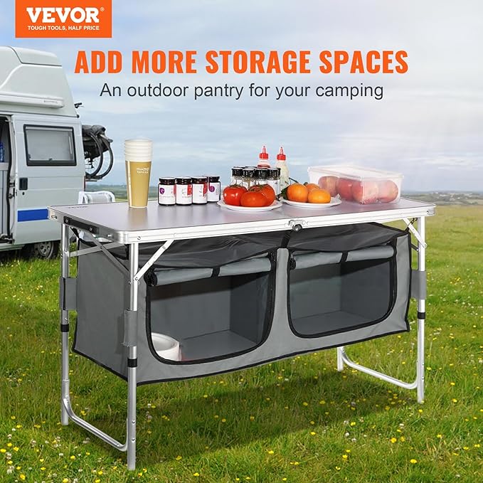 VEVOR Camping Kitchen Station, 3 Adjustable Height Folding Outdoor Camp Cooking Table with Storage Organizer, Quick Set-up for Patio BBQ Picnic Glamping Traveling