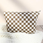 SOIDRAM 2 Pcs Checkered Makeup Bag Large Cosmetic Bag Toiletry Bag Makeup Pouch Travel Bag Organizer Cute Makeup Brushes Aesthetic Accessories Storage Bag for Women Coffee Brown