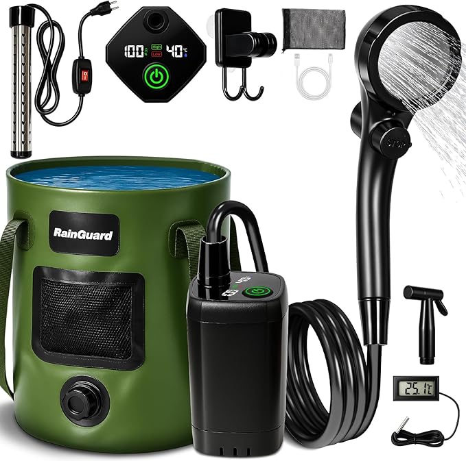 Portable Shower for Camping, 6000mAh Rechargeable Camp Shower Pump with Large Capacity Foldable Bucket, Filtered Shower Head, Outdoor Camping Shower Kit for Travel, Pet Bath, Car Washing
