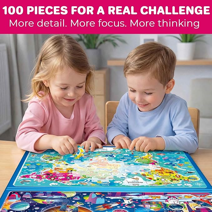 QUOKKA Magnetic Puzzles for Kids Ages 4-6 – 100 PCS Magnetic Puzzle Book for Toddlers 3-5 – 2 Puzzles & 2 Spot The Difference Maps – Search & Find Travel Games – Space, World Map Toddler Travel Toys