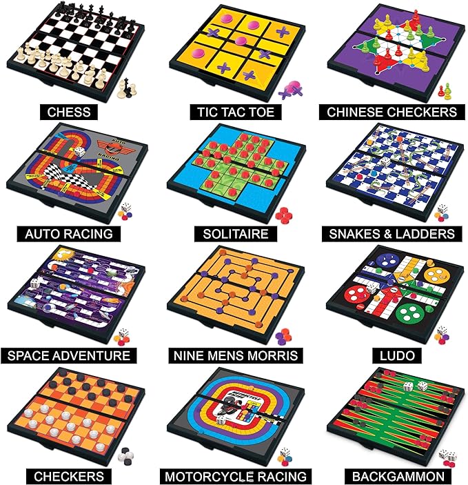 Gamie Magnetic Board Travel Games for Kids, Includes 12 Retro Fun Games - 5" Compact Design, Individually Boxed Travel Essentials for Kids Road Trip/Airplane/Camping, Stocking Stuffers for All Ages