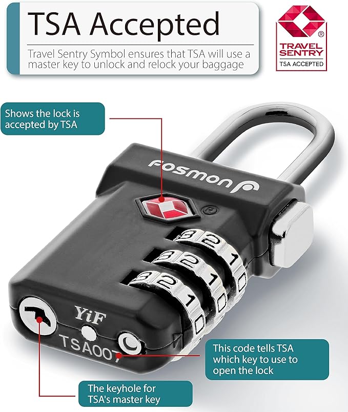 Fosmon TSA Approved Luggage Locks, Suitcase Travel Lock with Push Release Button for Extra Security, 3 Digit Combination Padlock for Gun Case Backpack Zipper Anti Theft Gym Locker - Black