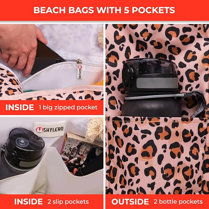 Beach Bag and Pool Bag Has Cooler Pocket, 7 Pockets Total, Zip Top. Family Size Waterproof Beach Tote
