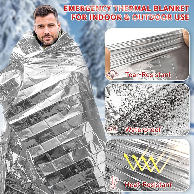 SecuCaptain Survival Emergency Thermal Blankets: 4/10/25/30/50/75/100 PCS Extra Large 84” x63” Space Mylar Blanket Kit for Outdoor Cold Winter Camping Hiking Car Bug Out Bag or First Aid