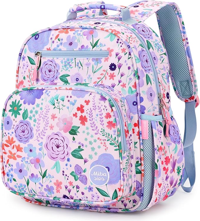 mibasies Kids Backpack for Girls: Girls Backpack 5-8 - Kindergarten Elementary School Bookbag for Girl - Flower Pinkish Blue