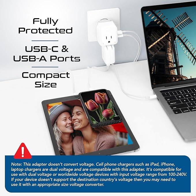 Ceptics Germany, Korea Travel Plug Adapter Set, 20W PD & QC, Safe Dual USB & USB-C - 2 USA Socket - Use in Schuko, France, Russia, Netherlands - Includes Type E/F SWadAPt Attachments