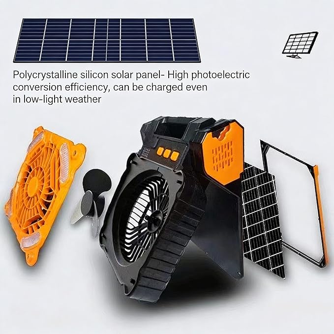Upgraded Solar Camping Fan with Lantern - Rechargeable Battery Operated Fan 90° Adjustable Portable Table Fan for Hurricane Power Indoor Outdoor Use(Orange)