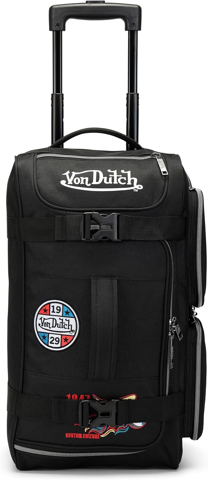 Von Dutch Signature Patch Carry-On 20-Inch Rolling Duffel with Telescopic Trolley Handle and Inline Skate Wheels