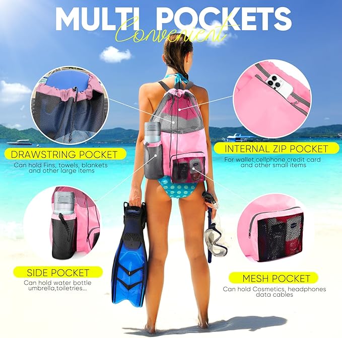 HOHOM Swim Mesh Beach Bag, Waterproof Gym Bags for Women and Men, Large Pool Bag Swimming Gear Drawstring Backpack