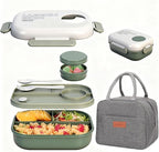 Lunch Bento Box Set - 3 Compartment Containers for Kids and Adults,lunch box for women with Thermo Lunch Bag, Leak-Proof and BPA-Free - Built-in Utensil Set,Sauce - Dishwasher Safe-Green