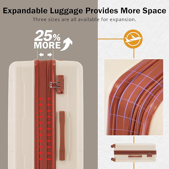 2 Piece Luggage Sets with Bags, Lightweight ExpanableCarry on Luggage Sets, Hardshell ABS Spinner Wheels Suitcase with TSALock,for Women Men, 20 IN & 24 IN, Khaki+Brown