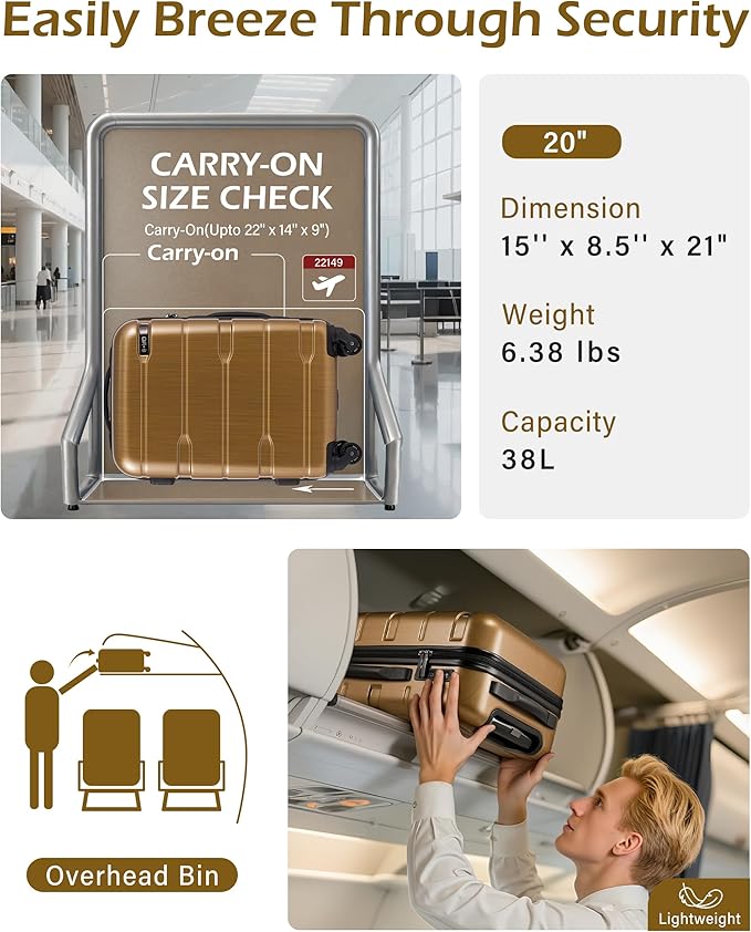 Coolife Carry On Luggage 22x14x9 Airline Approved Hardside PC+ABS Suitcase with TSA Lock, Lightweight Rolling Travel Luggage with Spinner Wheels(Black Brown, 20in)