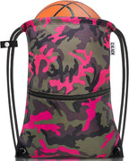 draw string back bag, Large Gym Sports string backpack for men and women with front zipper pocket and inside zipper pocket to keep key or phone(Pinkgreen camo)