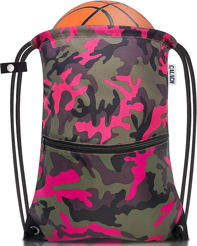 draw string back bag, Large Gym Sports string backpack for men and women with front zipper pocket and inside zipper pocket to keep key or phone(Pinkgreen camo)