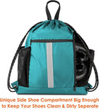 BeeGreen Teal String Backpack Bag Cinch Sack with Shoe Compartment and Two Zipper Pockets and Two Side Mesh Pockets Lightweight Large Drawstring Gym Sackpack for Men and Women