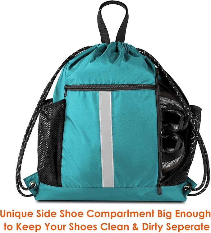 BeeGreen Teal String Backpack Bag Cinch Sack with Shoe Compartment and Two Zipper Pockets and Two Side Mesh Pockets Lightweight Large Drawstring Gym Sackpack for Men and Women