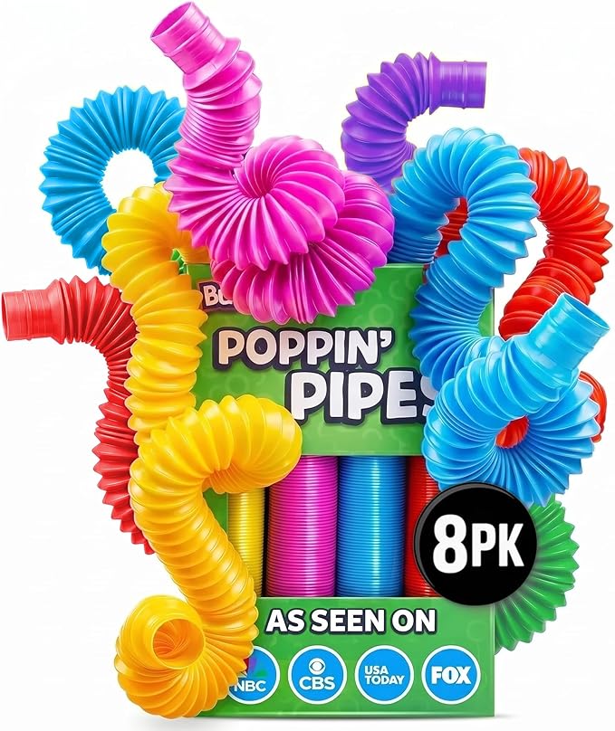 BUNMO Pop Tubes - Sensory Toys - Fidget Toys - Imaginative Play & Stimulating Creative Learning - Hours of Fun for Kids - Tons of Ways to Play - Non-Mouthable Toy 3+ - 8 Pack Large