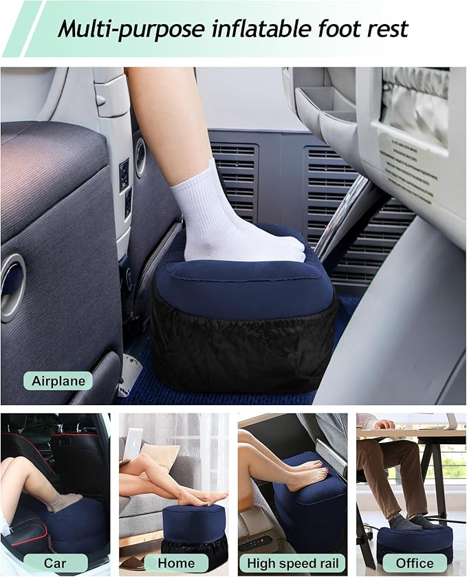 Inflatable Travel Foot Rest Pillow, Kids Airplane Bed, Adjustable 3 Layers Height Leg Rest Pillow, Adults Travel Essentials Great for Airplane, Office, Home, Trains, Cars (Blue)