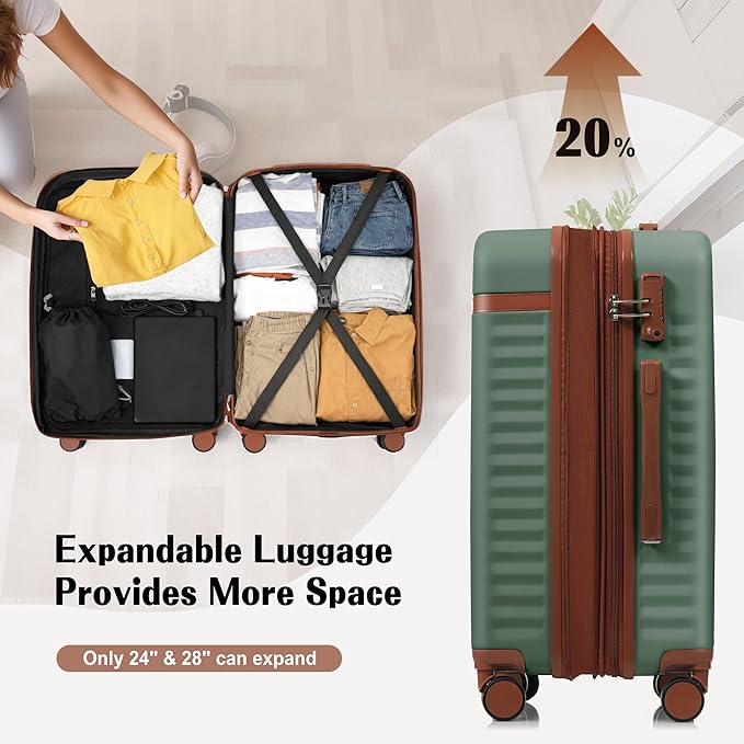 Merax 3 Piece Luggage Set ABS Hardside Suitcase Sets with Spinner Wheels and TSA Lock, 20 inch with Front Opening Design and USB Port, 20" Airline Certified Carry-on Luggage, 20" 24" 28", Green