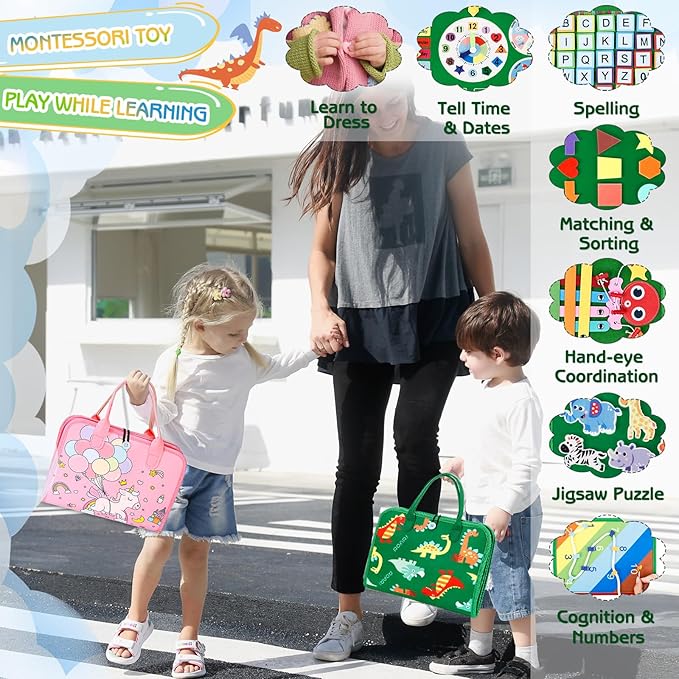 Esjay Toddler Busy Board Montessori Toys for Boys and Girls, Sensory Book Educational Activities for Learning Fine Motor Skills, Birthday Gifts Toddlers, Travel Toys for Airplane Car, Green Dinosaur